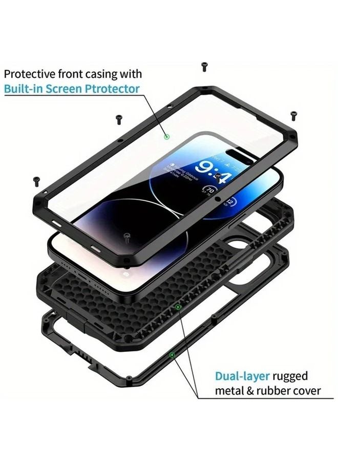 Heavy Duty Aluminum Metal Case For iPhone 15 Black With Glass Screen Protector - Image 2